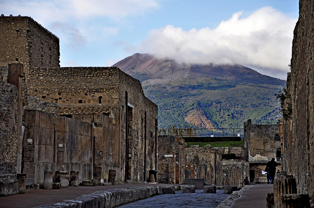 Pompeii; via di Mercurio with Mount Vesuvius.