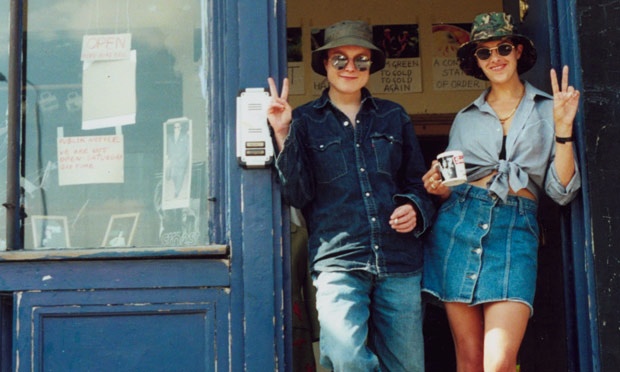 Sarah Lucas and Tracey Emin outside their shop on London's Brick Lane in 1993.