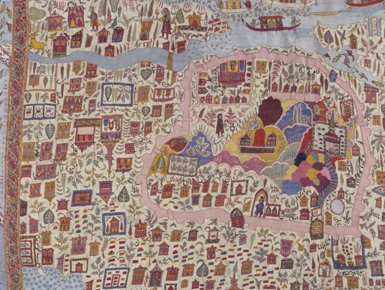 Map shawl, woollen embroidery (19th century), Kashmir.