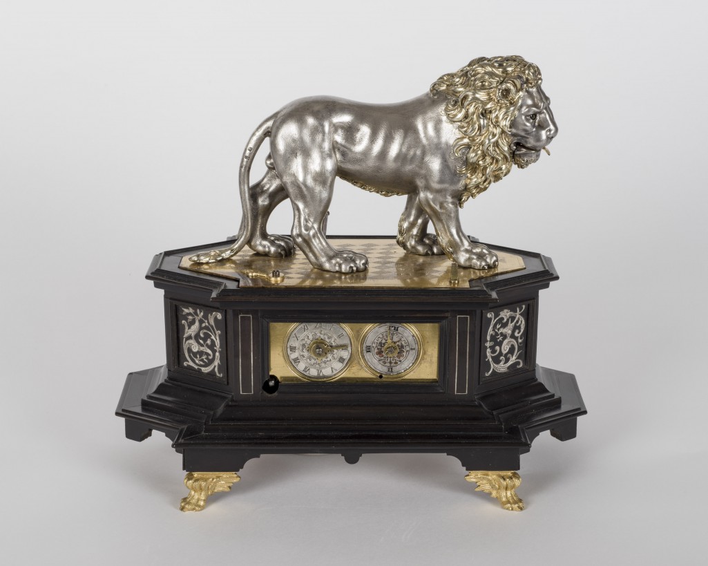 Automatic clock with pacing lion, c. 1619 German, Augsburg Daniel Lotter (active 1602–1691) Spring clock, with pendulum added c. 1675–80 Silver, partially gilded, ebony, enamel, bronze 10-3/8” x 11-3/4”  Wadsworth Atheneum Museum of Art, Hartford, CT Gift of J. Pierpont Morgan, 1917.254