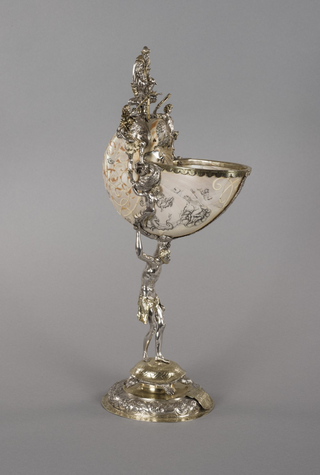 Nautilus goblet with figures of the four seasons, 1680, Vienna, mount by Christoff Neumayr (active Vienna 1668–83)