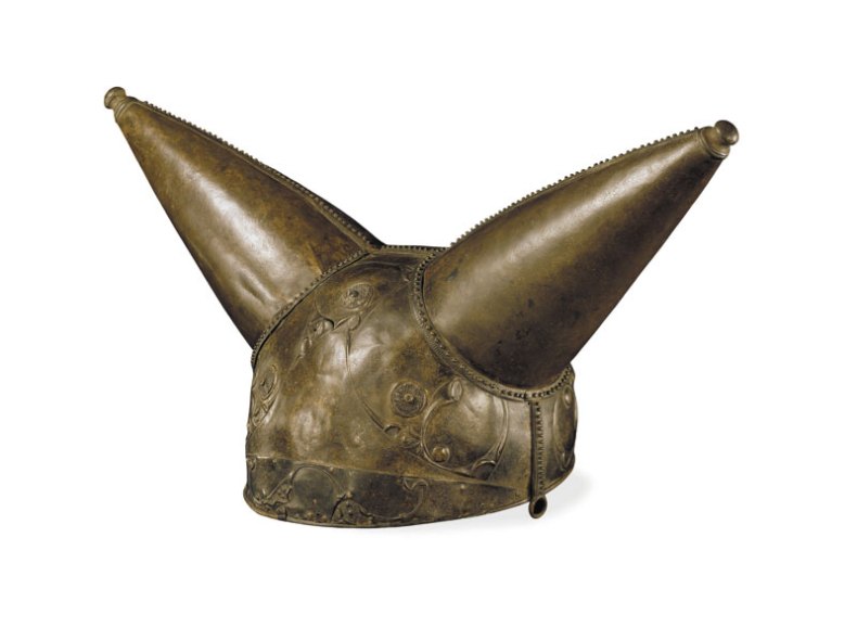 Horned helmet (200-50 BC), Bronze, from the River Thames at Waterloo Bridge, London, England 