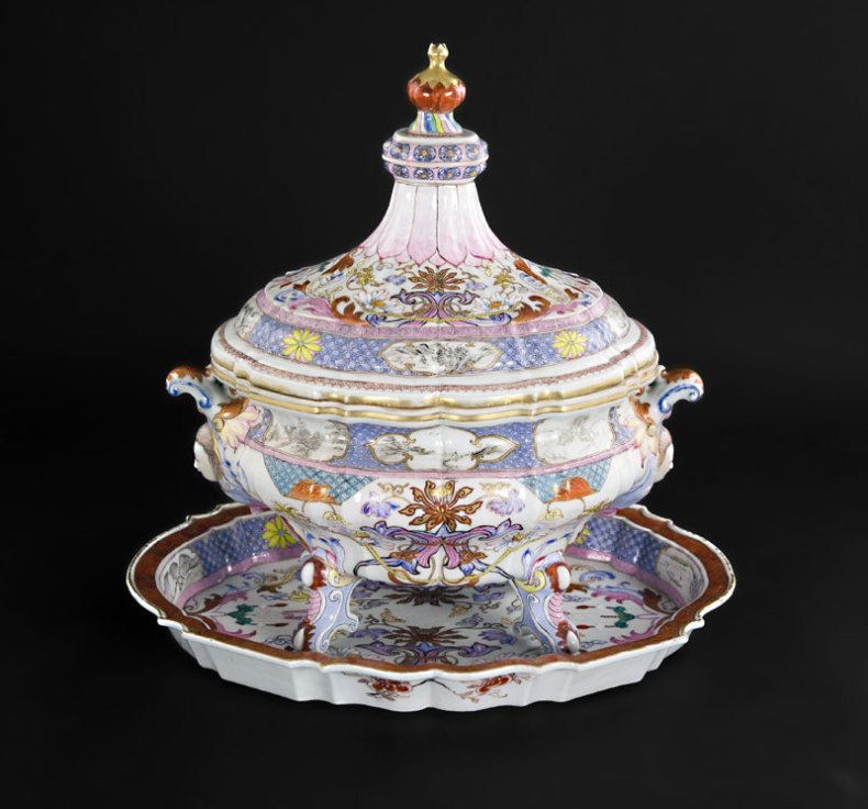 Tureen, cover and stand, (c. 1740), Chinese, Qianlong period (1736–95), porcelain decorated in famille rose enamels, ht 38cm.