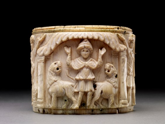 Ivory pyxis box depicting Daniel with arms raised in prayer flanked by two lions (5th or early 6th century AD)