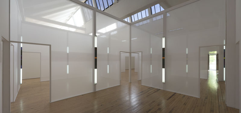 (2015), Robert Irwin, Tergal voile, fluorescent bulbs, and framing materials. Installation view at Dia:Beacon; Riggio Galleries, New York.