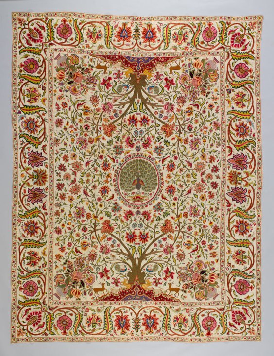 Palampore (bed cover) (1710–50), Deccan, India. Cotton embroidered with silk and metal-wrapped threads.