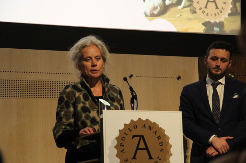 Jane Munro, Keeper of Paintings, Drawings and Prints at the Fitzwilliam Museum, collects the Apollo Exhibition of the Year Award for 'Silent Partners'.