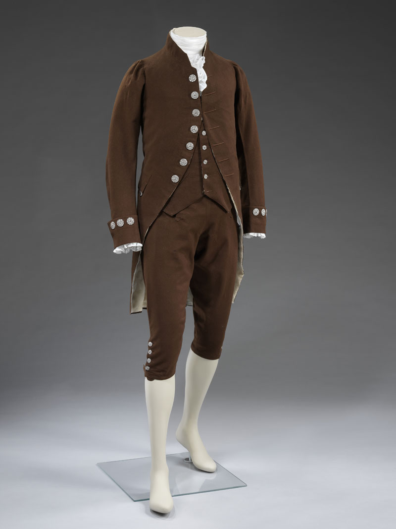 Coat, waistcoat, and breeches liked with silk and linen, with cut steel buttons, c. 1790, France