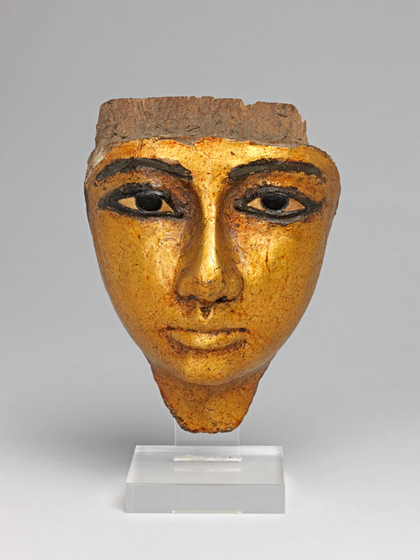 Face from coffin, with eyes and eyebrows inlaid, gilded (1186-1069 BC), Twentieth Dynasty, New Kingdom, Egyptian