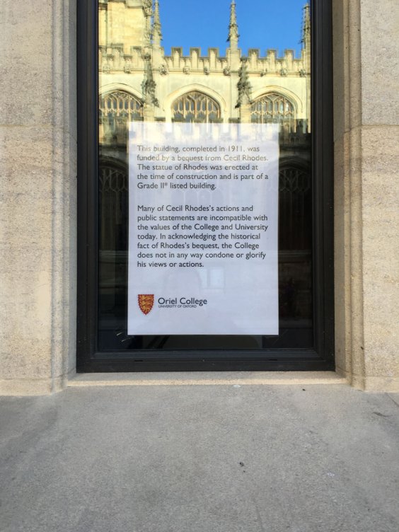 In response to a student campaign to have a statue of Cecil Rhodes removed, Oriel College has put up a notice 'clarifying its historical context and the college’s position on Rhodes'.