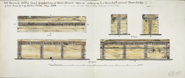 Edward Towry Whyte's drawings of a wooden coffin excavated by John Garstang in Beni Hasan in Egypt in 1902–03