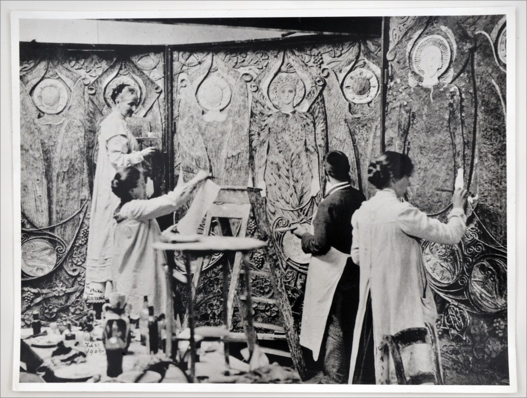 Mary Watts and her students decorating the Watts Chapel at Compton in 1902
