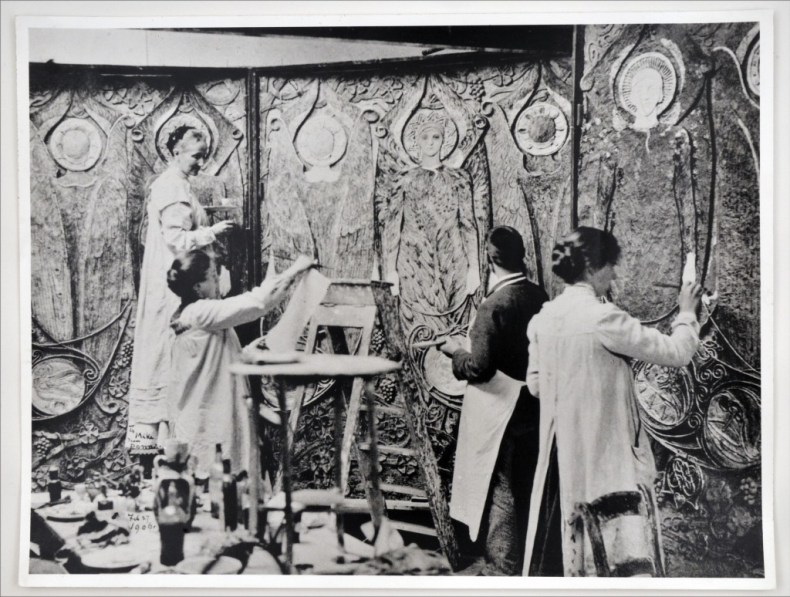 Mary Watts and her students decorating the Watts Chapel at Compton in 1902