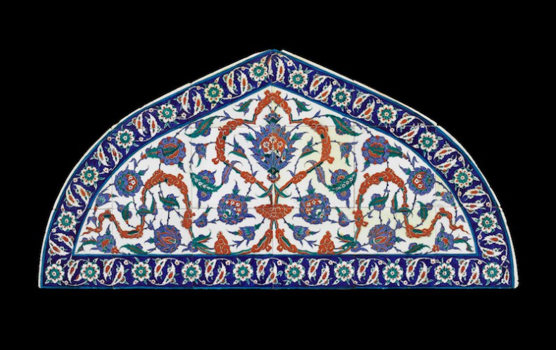 Tile Lunette, Composite body (quartz, clay, and glaze frit) with colors painted on white slip under clear glaze