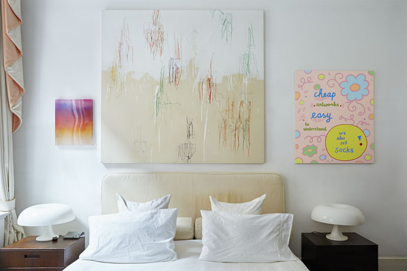 In the bedroom hang works by Mika Tajima, Ghada Amer and Lily van der Stokker (left by right)