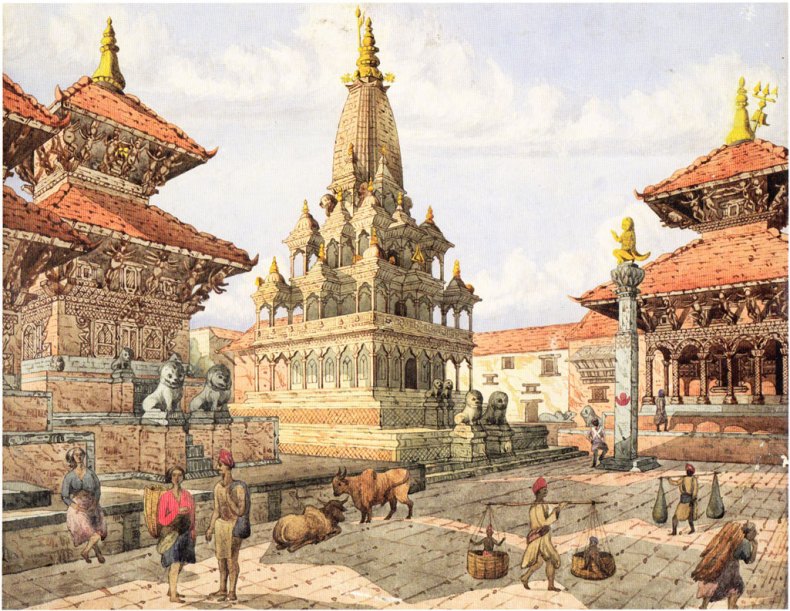 Patan Darbar Square with the Krishna Temple (centre), the Vishveshvara Temple (right) and the Carnarayan Temple (left) (c. 1855), Henry Ambrose Oldfield.