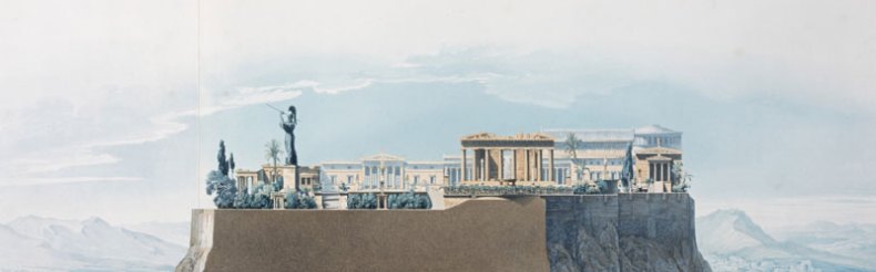 Perspective of the Principal View of the Royal Palace on the Acropolis: Section Through Line A.B. on the Ground Plan Looking West (published 1840), Schnechten; after Karl Friedrich Schinkel.