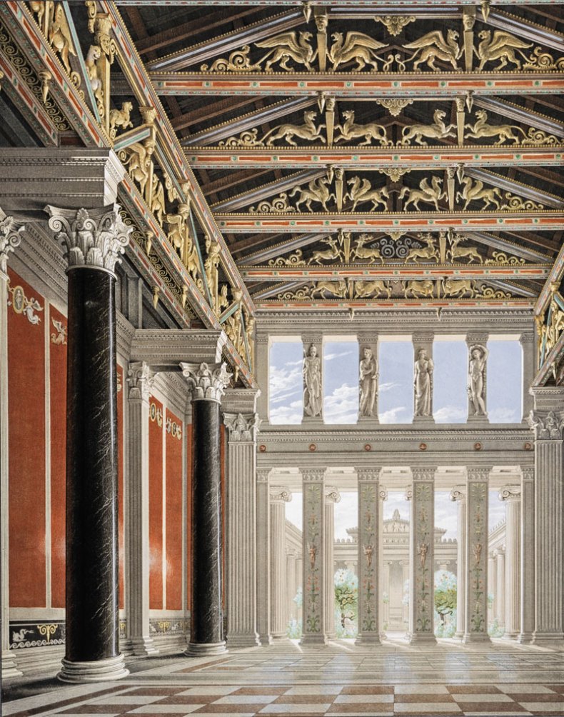 Interior Perspective of the Great Hall, Looking Towards the Garden Court