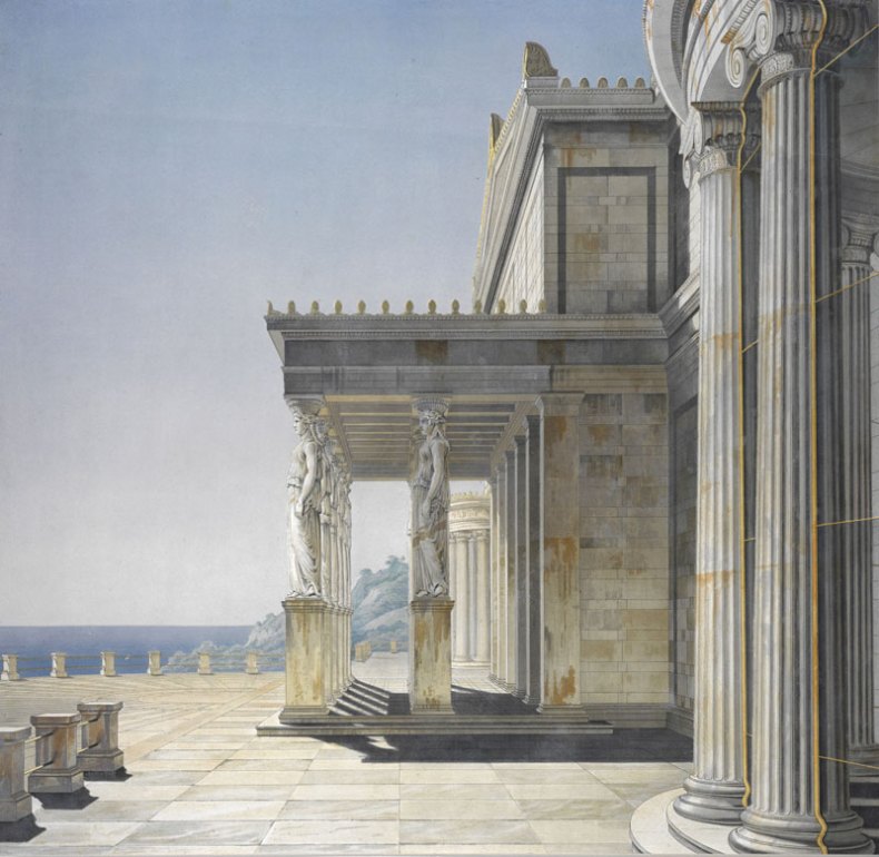Perspective View of the Sea Terrace, Showing the Caryatid Portico and Glazed Semi-circular Side Bay (published 1847), W. Loeillot; after Karl Friedrich Schinkel