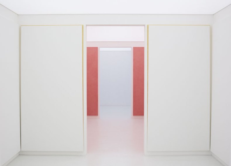 View of one of the three artificially lit immersive installations in Spalletti’s studio, which are lined with coloured canvases