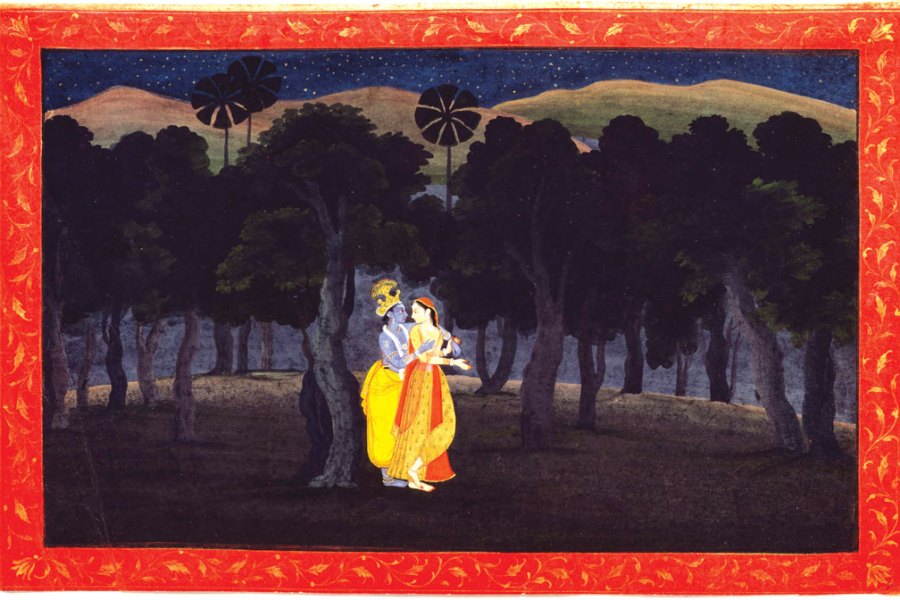 Abashed at her delight; of her deep joy afraid. Folio from a Gita Govinda series. Pahari, by a member of the fist generation after Nainsukh; (c. 1775–80)