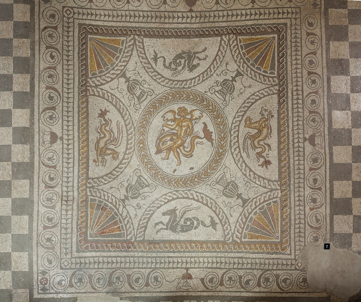 Cupid on a Dolphin mosaic at Fishbourne Roman Palace.
