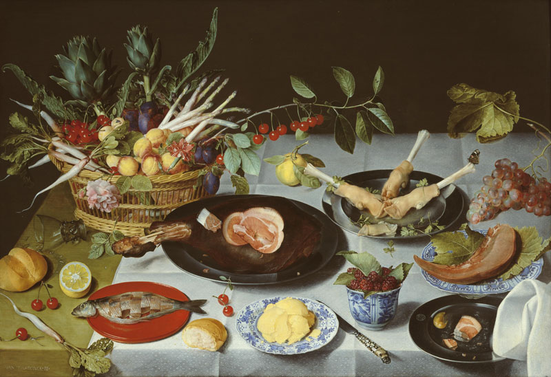 A Still Life of a laid Table, with Plates of Meat and Fish... (c. 1615), Jacob van Hulsdonck. Johnny Van Haeften at London Art Week