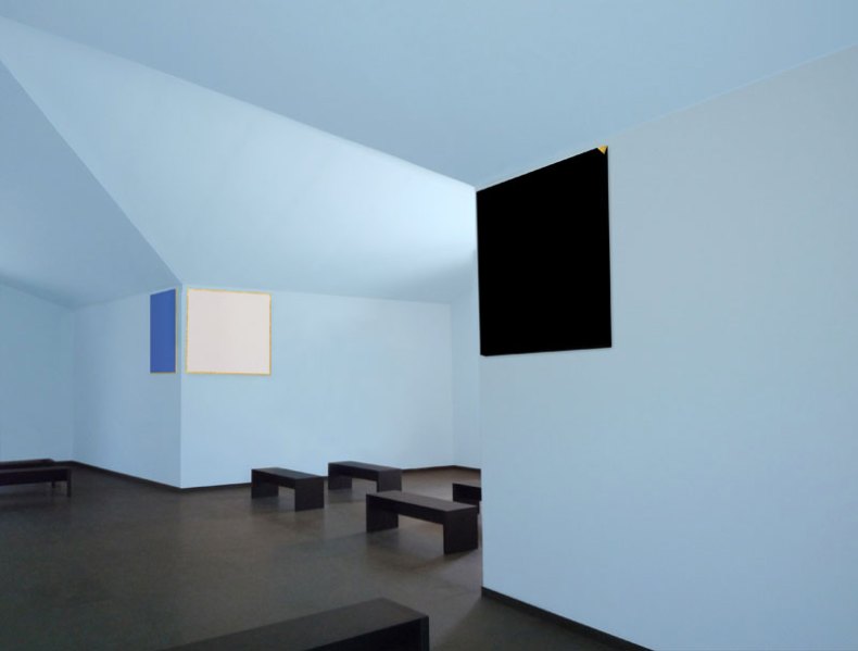 Rendering of the interior of the chapel at Città Sant’Angelo, designed by Spalletti and his wife Patrizia Leonelli, and showing the light blue interior walls and minimalist black benches.