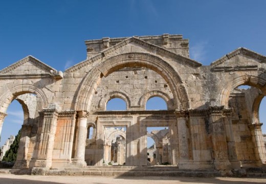 The Narthex and south entry door to the Church os St Simeon Stylites. Much of the structure on the right hand side of the great doorway has been severely damaged by the blast on 12 May 2016.