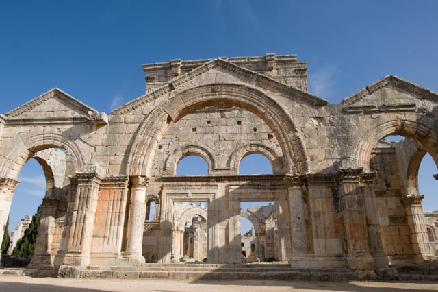 The Narthex and south entry door to the Church os St Simeon Stylites. Much of the structure on the right hand side of the great doorway has been severely damaged by the blast on 12 May 2016.