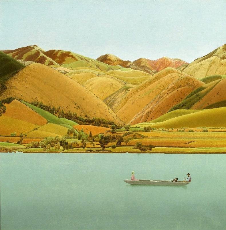 Edge of Abruzzi; boat with three people on a lake