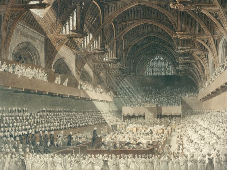 The Trial of Henry Lord Viscount Melville in Westminster Hall (published 1806), print by J. Hill after a drawing by Augustus Charles Pugin and John Claude Nattes