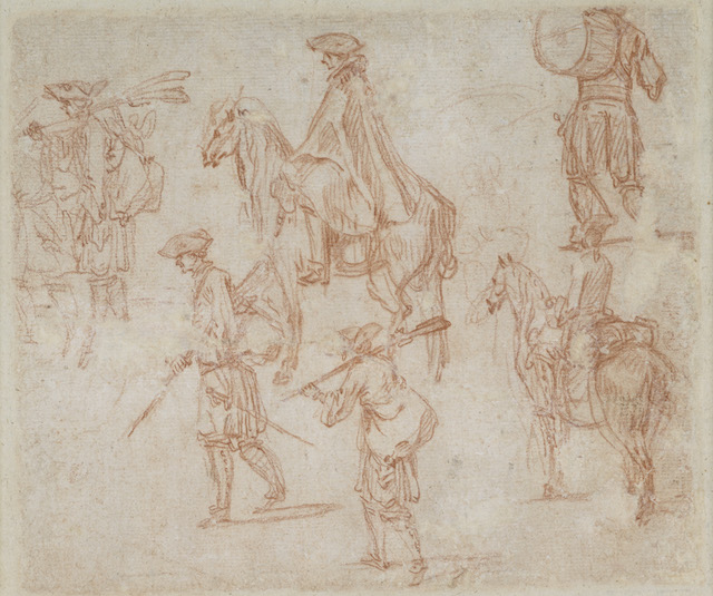Studies of Foot Soldiers, a Drummer, and Two Cavaliers (verso)