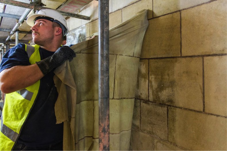 Technicians removing the latex in Westminster Hall, 2015. 'The Ethics of Dust', by Jorge Otero-Pailos: an Artangel commission