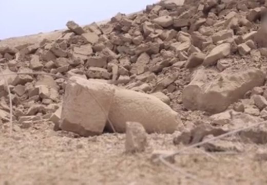 Screenshot from ISIS video showing the destroyed 'mermen' statues of the seven sages at the Fish Gate, Temple of Nabu, Nimrud, Iraq