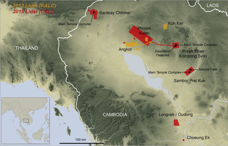 Overview map of Cambodia showing the main coverage blocks for the 2012 and 2015 ALS acquisitions, and noting features mentioned in the text. Background elevation courtesy of NASA SRTM.