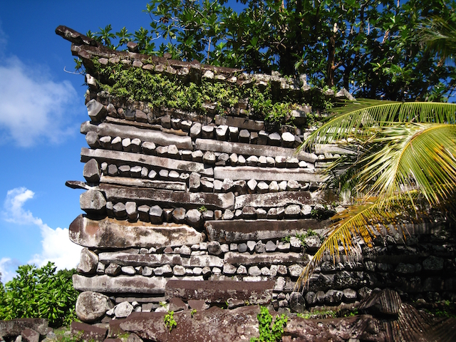 Nan Madol: Ceremonial Center of the Eastern Micronesia: Columnar basalt used in a wall built by in a header-stretcher technique Nandowas Isle