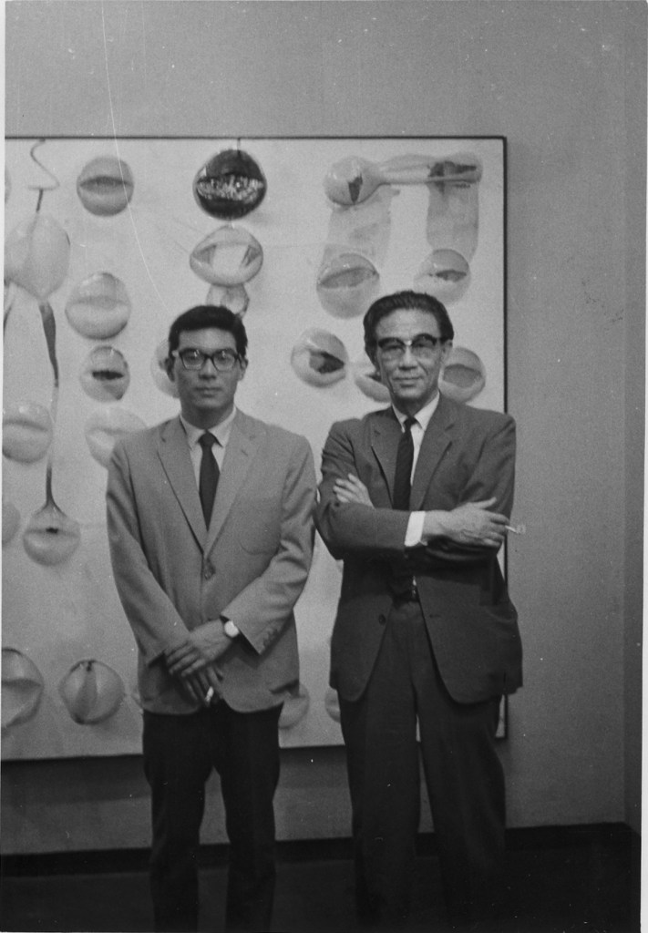 Takesada Matsutani (left) and Jiro Yoshihara (right) at Matsutani's 1963 solo exhibition at the Gutai Pinacoteca, Osaka.