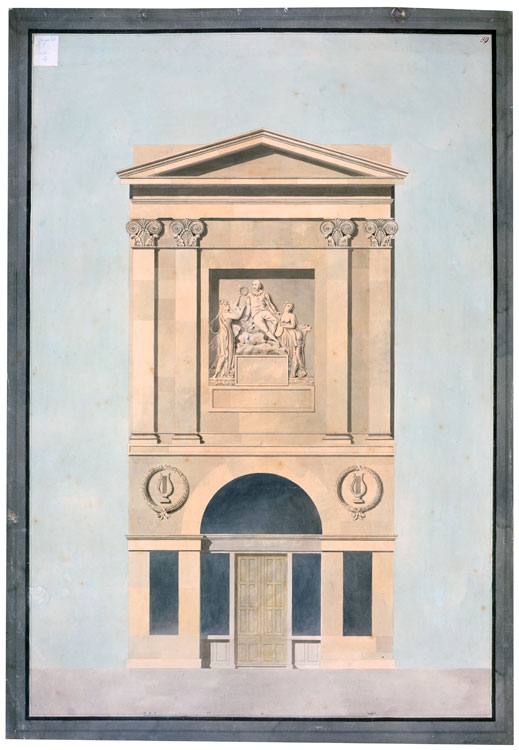The façade of John Boydell’s Shakespeare Gallery on Pall Mall, built in 1788–89 and shown here in a Royal Academy lecture drawing by the Soane office of c. 1806–15.