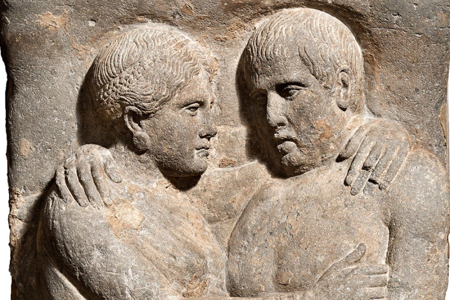 Sarcophagus and lid with portraits of husband and wife (detail; late 4th–early 3rd century BC), Etruscan; Volcanic tuff.