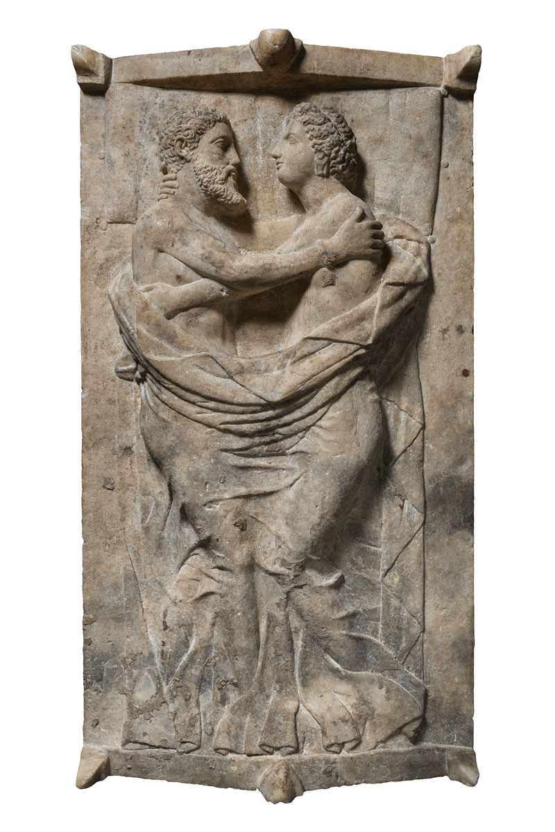 Sarcophagus and lid with husband and wife (350–300 BC), Etruscan; Travertine.