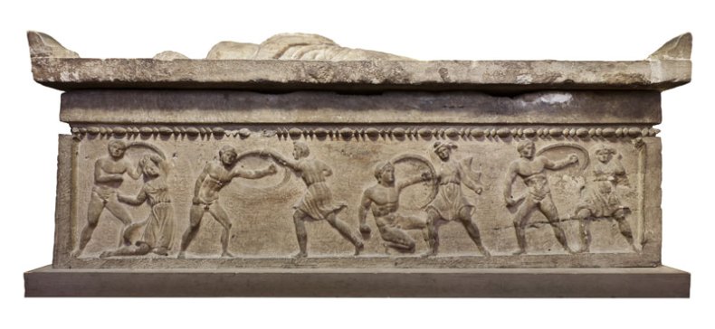 Relief depicting Greeks and Amazons engaged in battle; Larth Tetnies and Thanchvil Tarnai sarcophagus. Etruscan; Travertine.