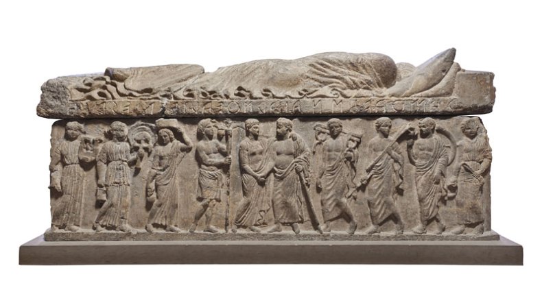 Relief depicting Ramtha Vishnai and Arnth Tetnies flanked by attendants; Ramtha Vishnai and Arnth Tetnies sarcophagus. Etruscan; Volcanic tuff.