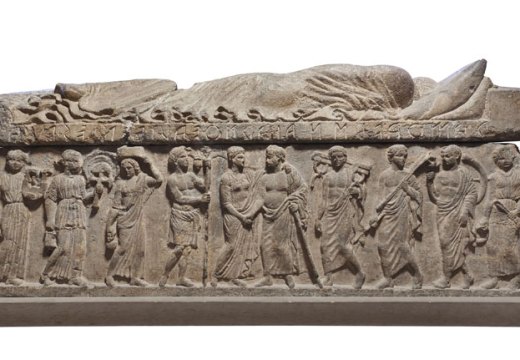 Relief depicting Ramtha Vishnai and Arnth Tetnies flanked by attendants; Ramtha Vishnai and Arnth Tetnies sarcophagus. Etruscan; Volcanic tuff.