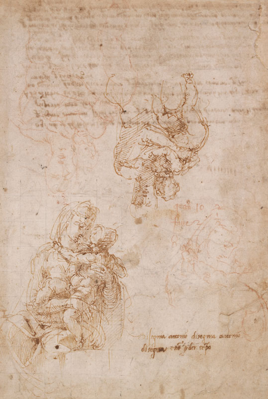 Studies of the Virgin and Child (c. 1522–24), Michelangelo. Pen and brown ink, with copies in red chalk by Antonio Mini. British Museum