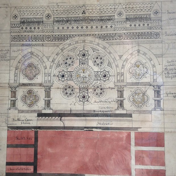 Drawing by Thomas Hardy of an altarpiece in All Saints Church, Windsor. It is not clear whether the design is by Hardy, or whether he was executing someone else's design.