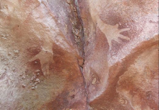 Hand stencils with mutilated little finger at the Djulirri rock art site in the Wellington Range of Arnhem Land, Northern Territory, Australia.