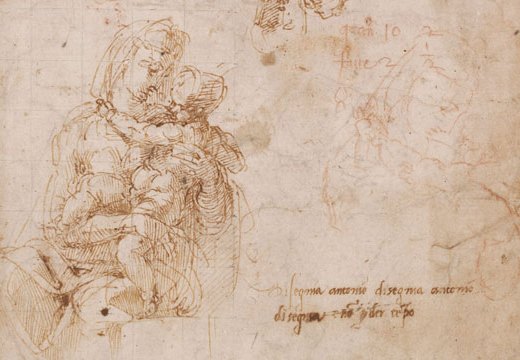 Studies of the Virgin and Child (detail; c. 1522–24), Michelangelo. Pen and brown ink, with copies in red chalk by Antonio Mini. British Museum