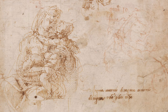 Studies of the Virgin and Child (detail; c. 1522–24), Michelangelo. Pen and brown ink, with copies in red chalk by Antonio Mini. British Museum