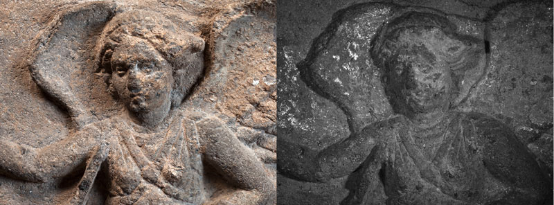 Detail of the base of the Ramtha Vishnai sarcophagus showing the winged death demon (L). Enhanced VIL image of the winged death demon (R). This relatively new infrared technique is used to reveal pigment traces.